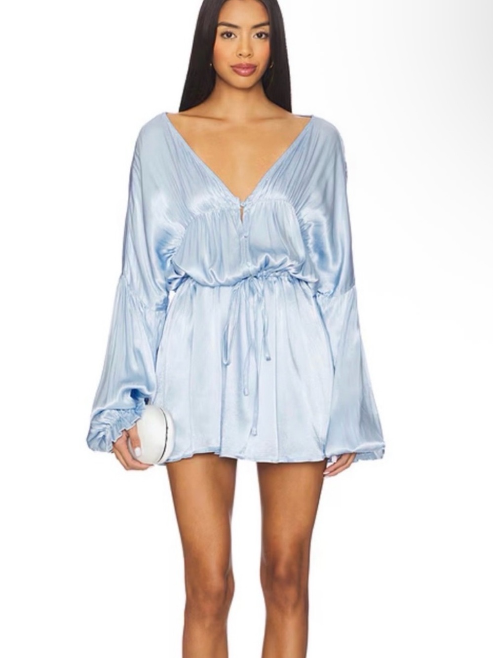 NEW SNDYS Bali Mini Dress Blue Plunging V-neckline Blouson Sleeves Flattering XL